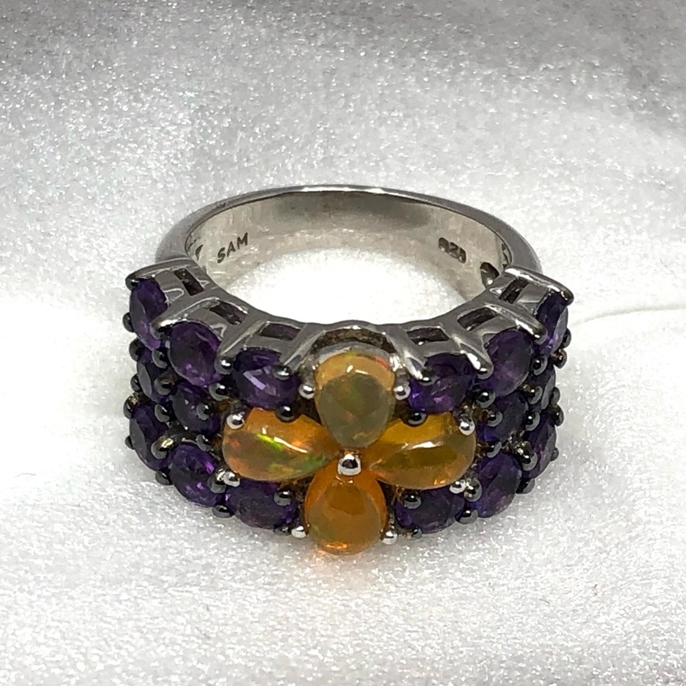 Ethiopian Opal & Rhodolite Ring Rhodium Over Sterling Silver Band Size 5.75 - Picture 4 of 16